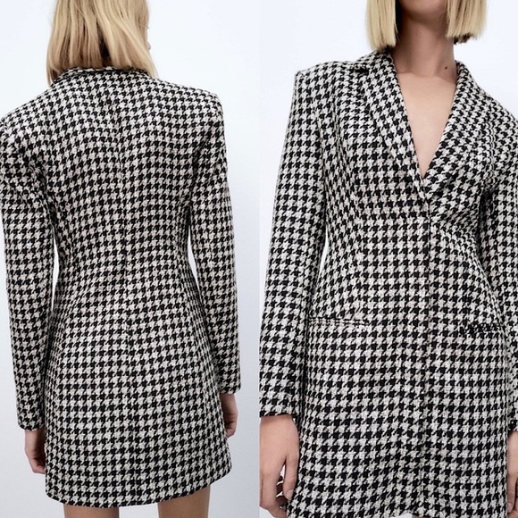 Zara Houndstooth Tweed Blazer Dress Black White XS - Picture 1 of 9